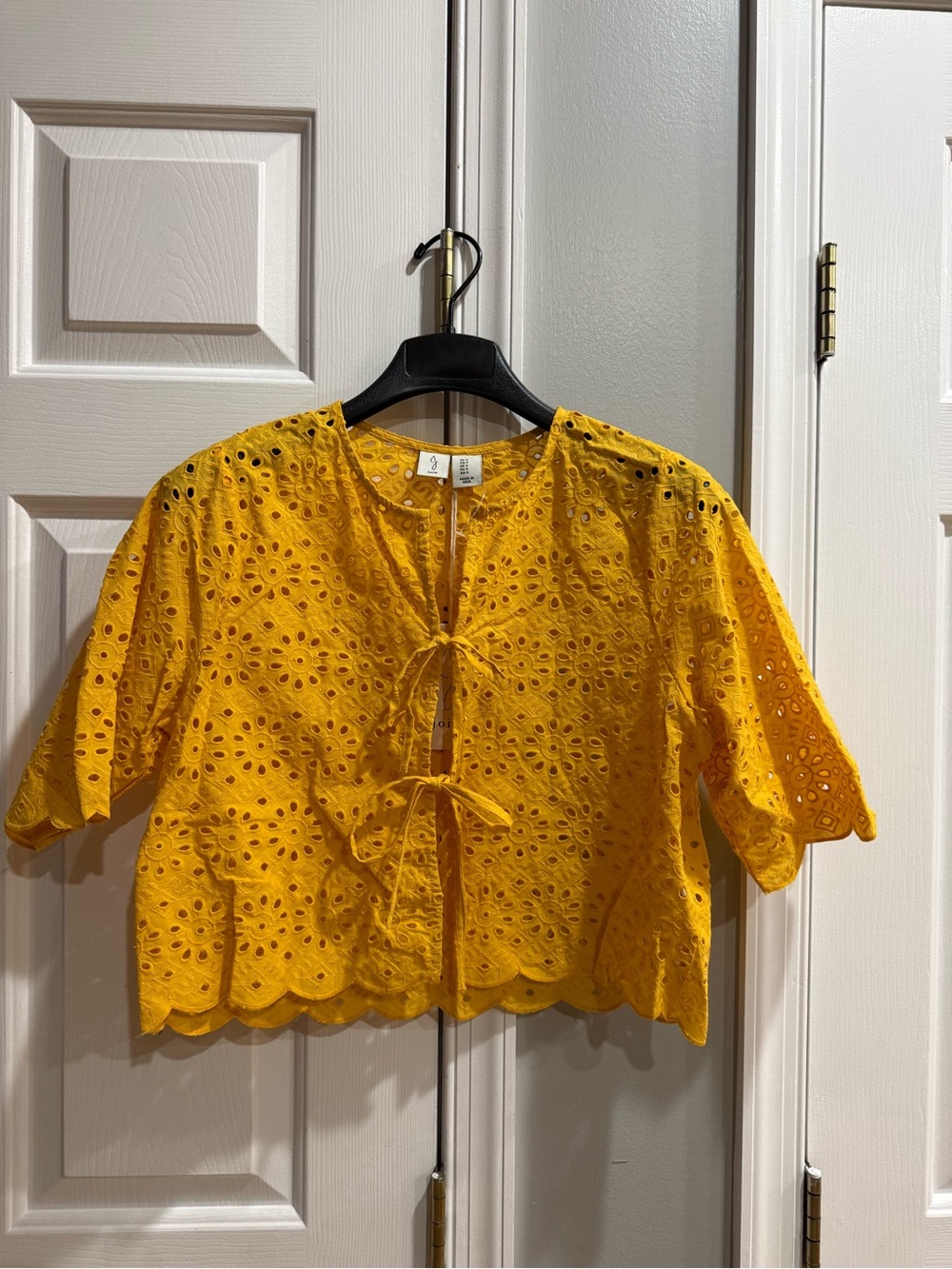 Joie Mustard Eyelet Tie-Front Crop Blouse - Picture 4 of 5